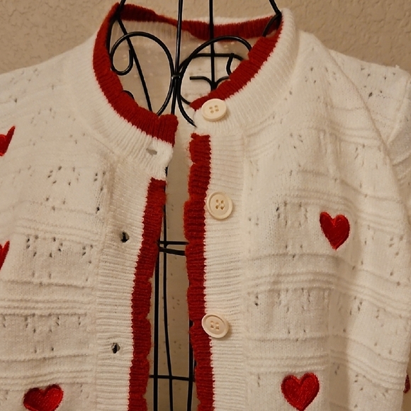 New SHEIN White Cardigan with Red Heart Accents - Picture 3 of 6